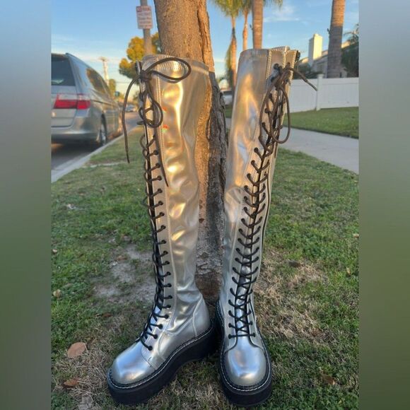 Demonia Shoes - Rave Demonia So-Emily-375 Silver Thigh High Platform Boots